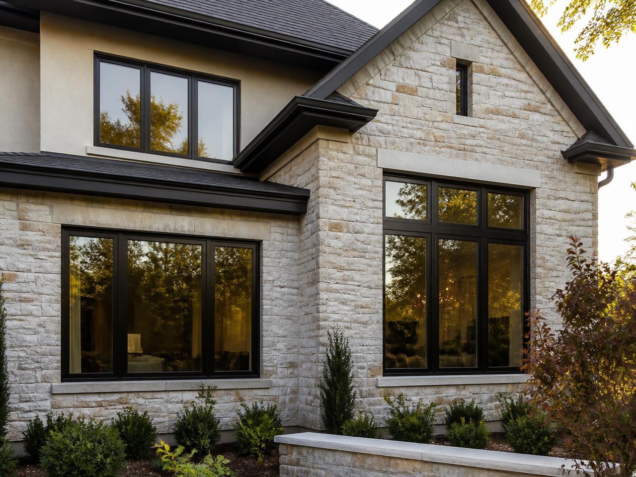 Black-framed replacement windows on a stone home exterior